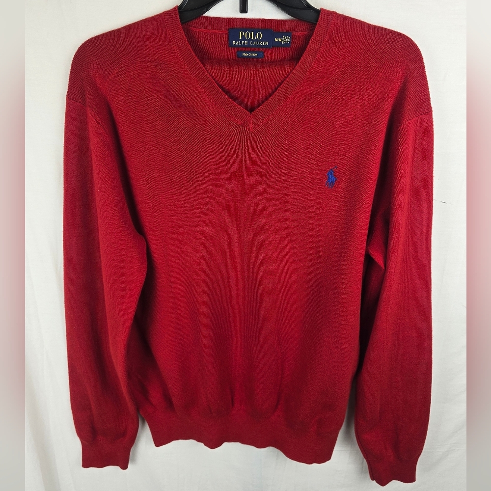 Polo by Ralph Lauren Men's Red V-Neck Long Sleeve Pima Cotton Sweater Sz M